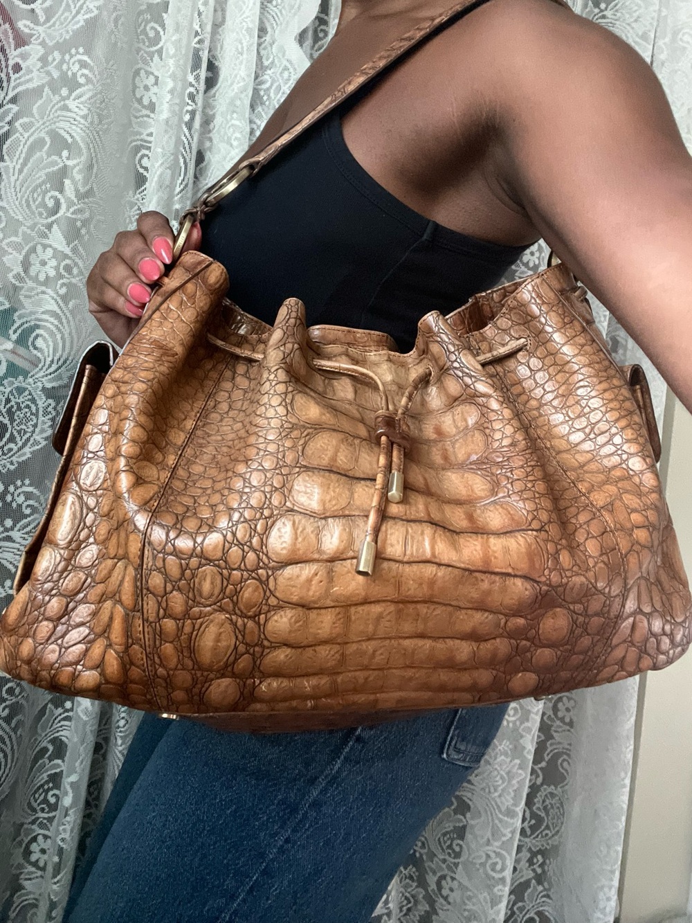 Ellen Tracy Tan Croc-Embossed Genuine Leather Shoulder Bag